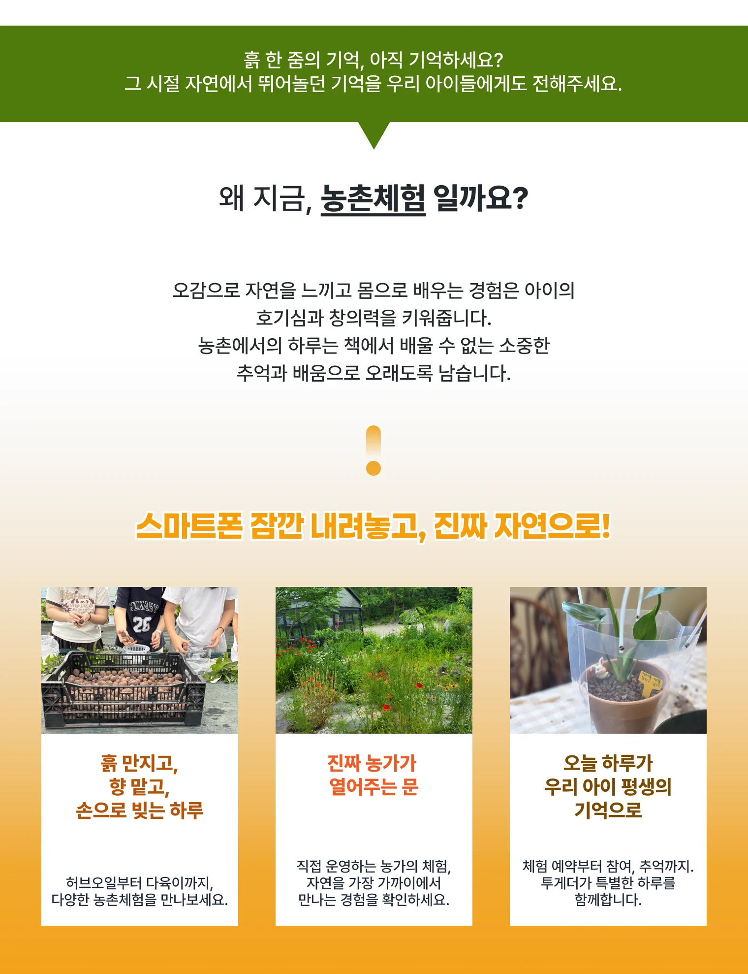 왜 지금 농촌체험일까요 — 흙 만지고 향 맡고 손으로 빚는 하루, 진짜 농가가 열어주는 문, 오늘 하루가 우리 아이 평생의 기억으로