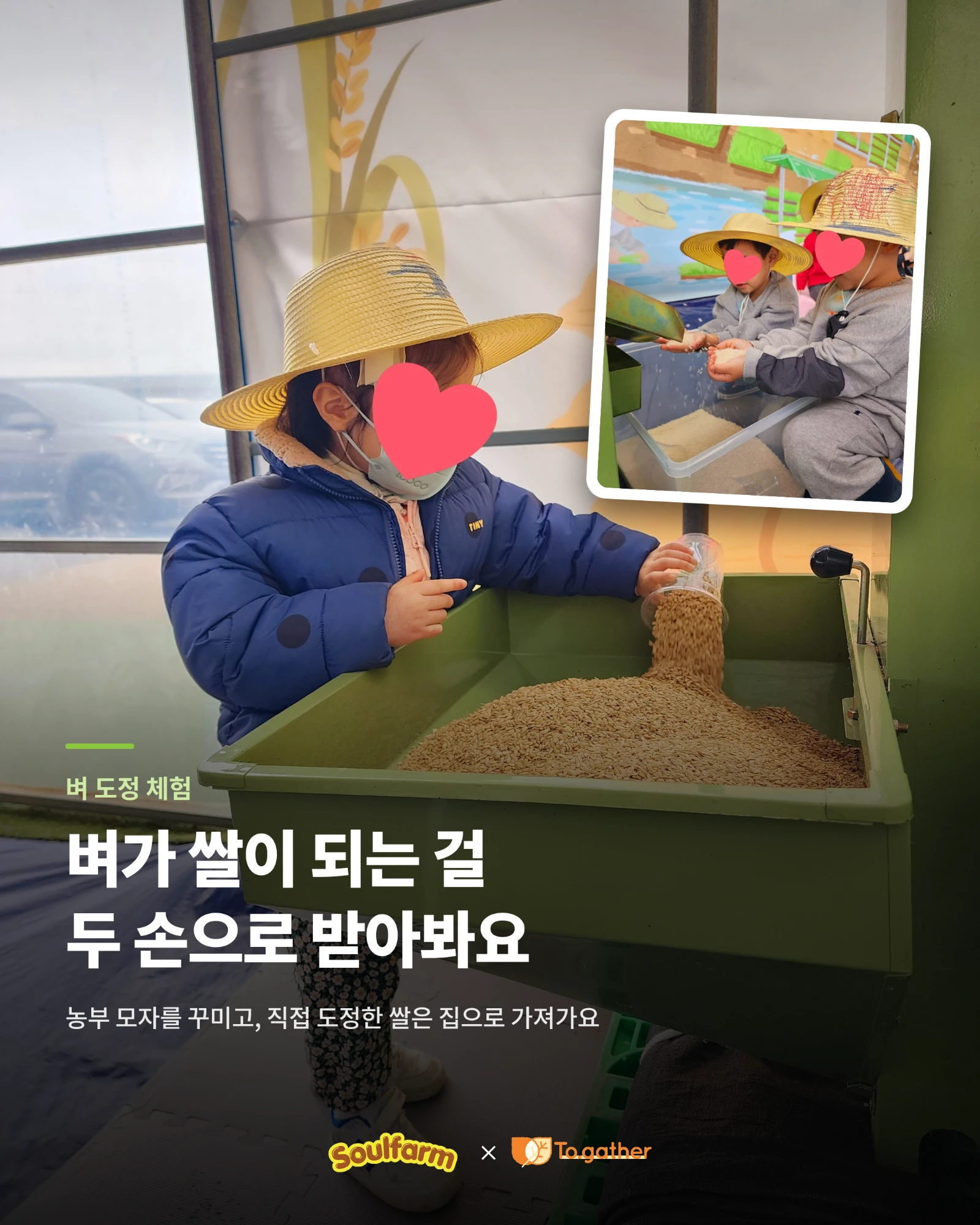 벼 도정 체험. 벼가 쌀이 되는 걸 두 손으로 받아 봐요. 농부 모자를 꾸미고, 직접 도정한 쌀은 집으로 가져가요.